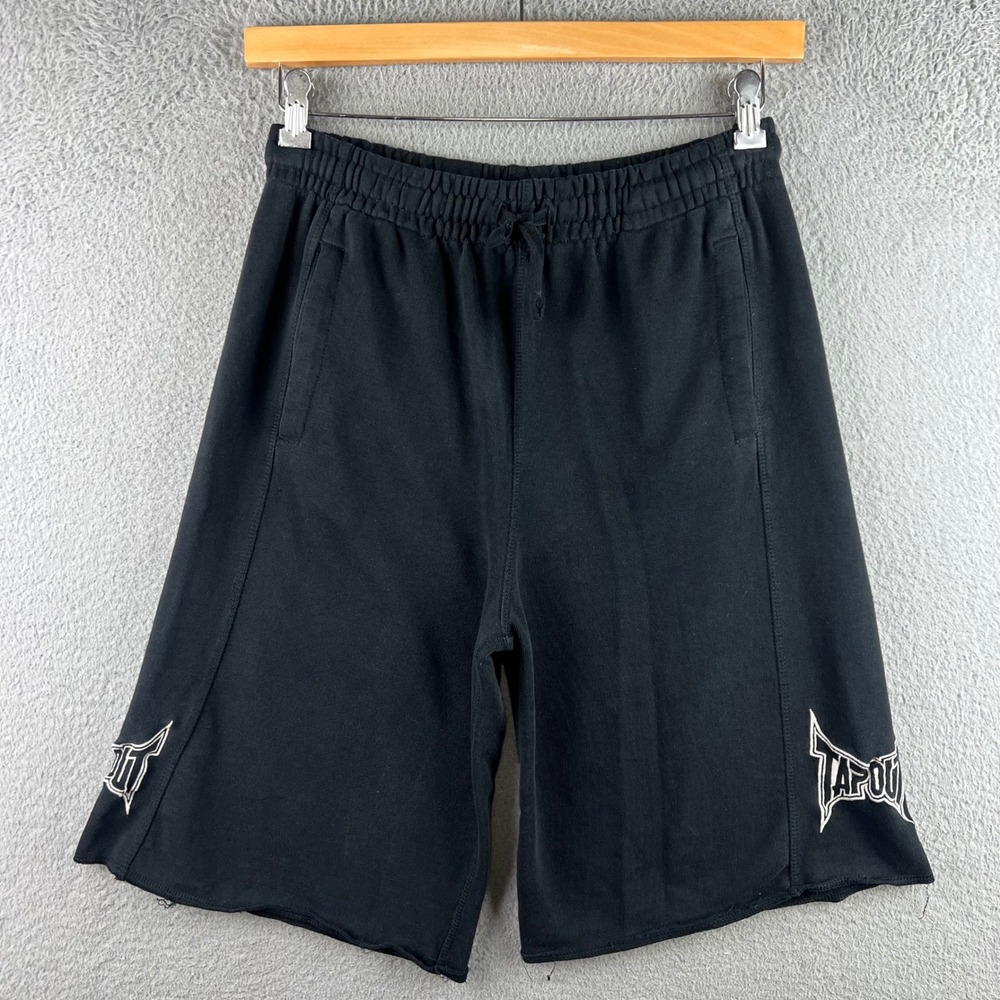 Tapout Mens MMA Shorts Black Fleece Embroidered Logo Raw Hem Drawstring Waist
